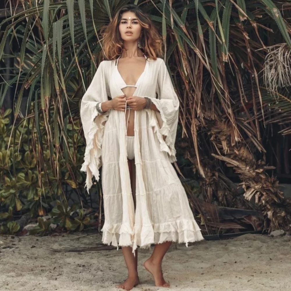 MOMO New York Kimono Yuri Boho Dress Elegant Cream Tie Waist Maxi Top Iv…